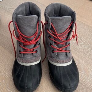 Kids Sorel Gray and Black Boots with Red Laces